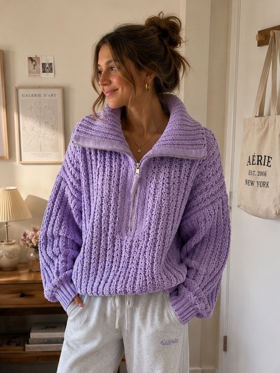 aerie Sweaters - Aerie Lilac Chunky Chenille Half Zip Sweater Oversized Cozy Size L Soft Cabine